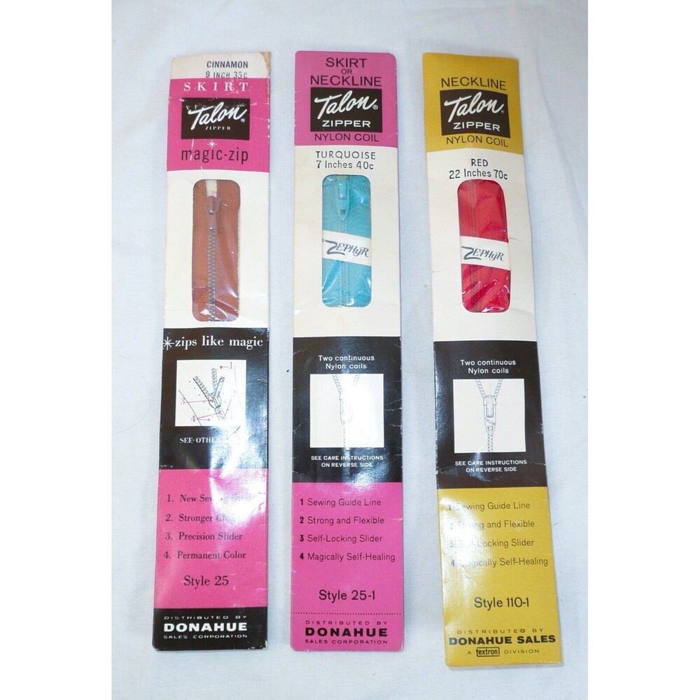 Lot of 3 Talon Zippers 7" Colors= Cinnamon, Turquoise, Red - Vintage NOS
